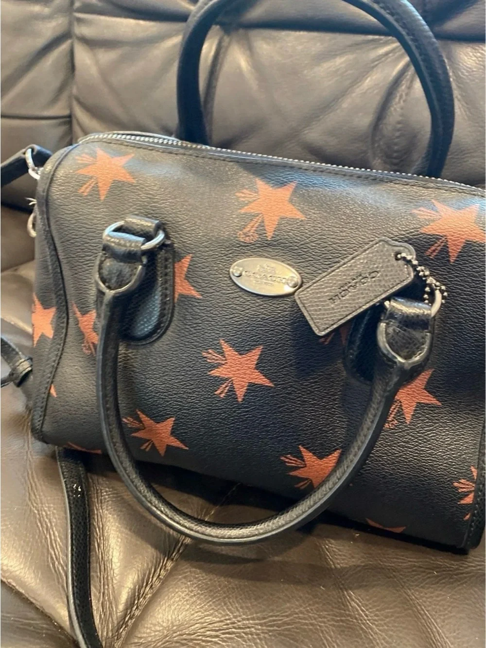 Coach Black Leather Satchel with Rust Star Print
